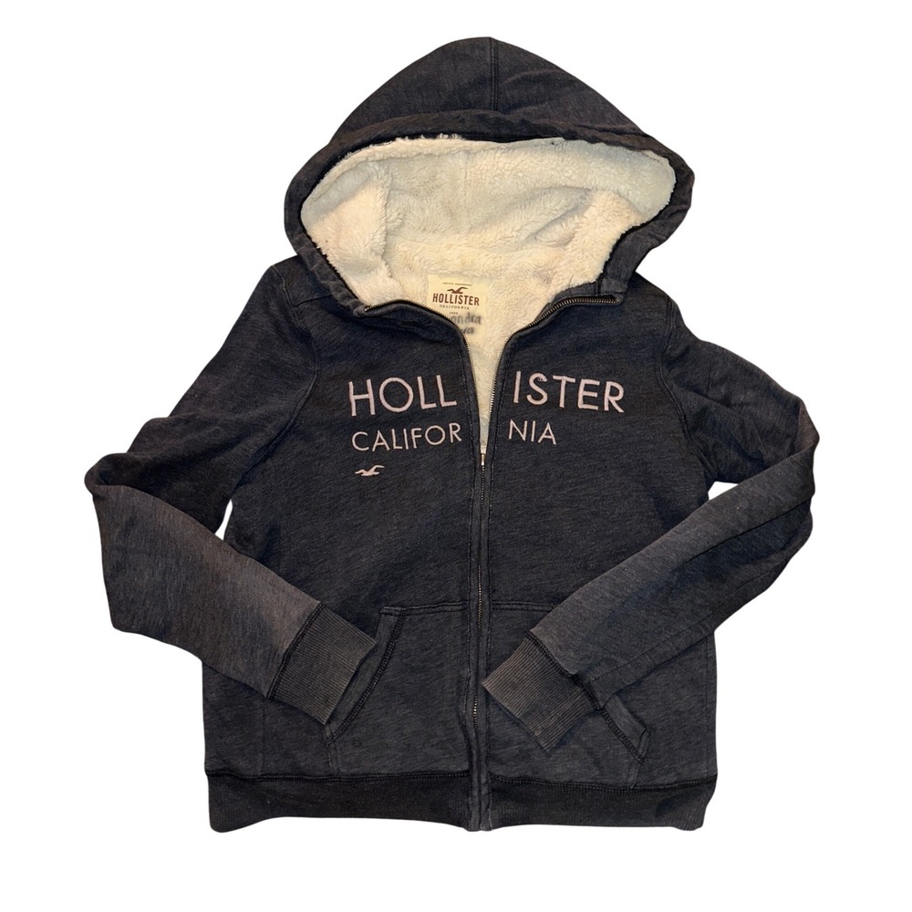 Hollister California Women Charcoal Grey Sherpa Lined Full Zip Hoodie Large